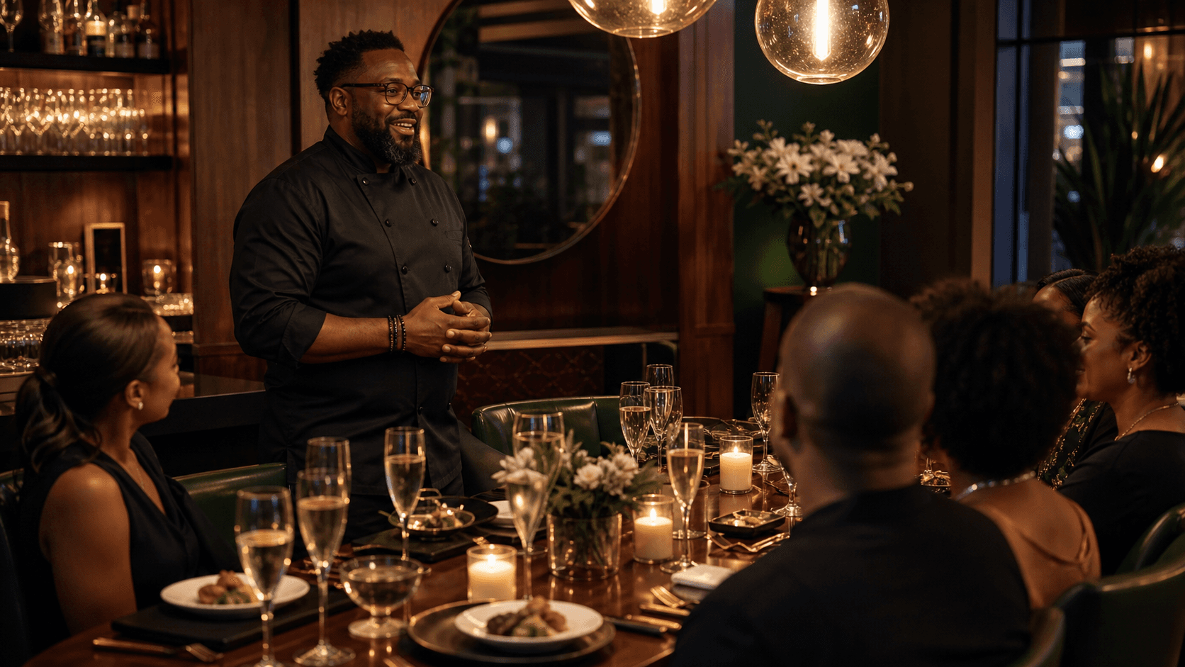A chef greeting guests during an intimate tasting.