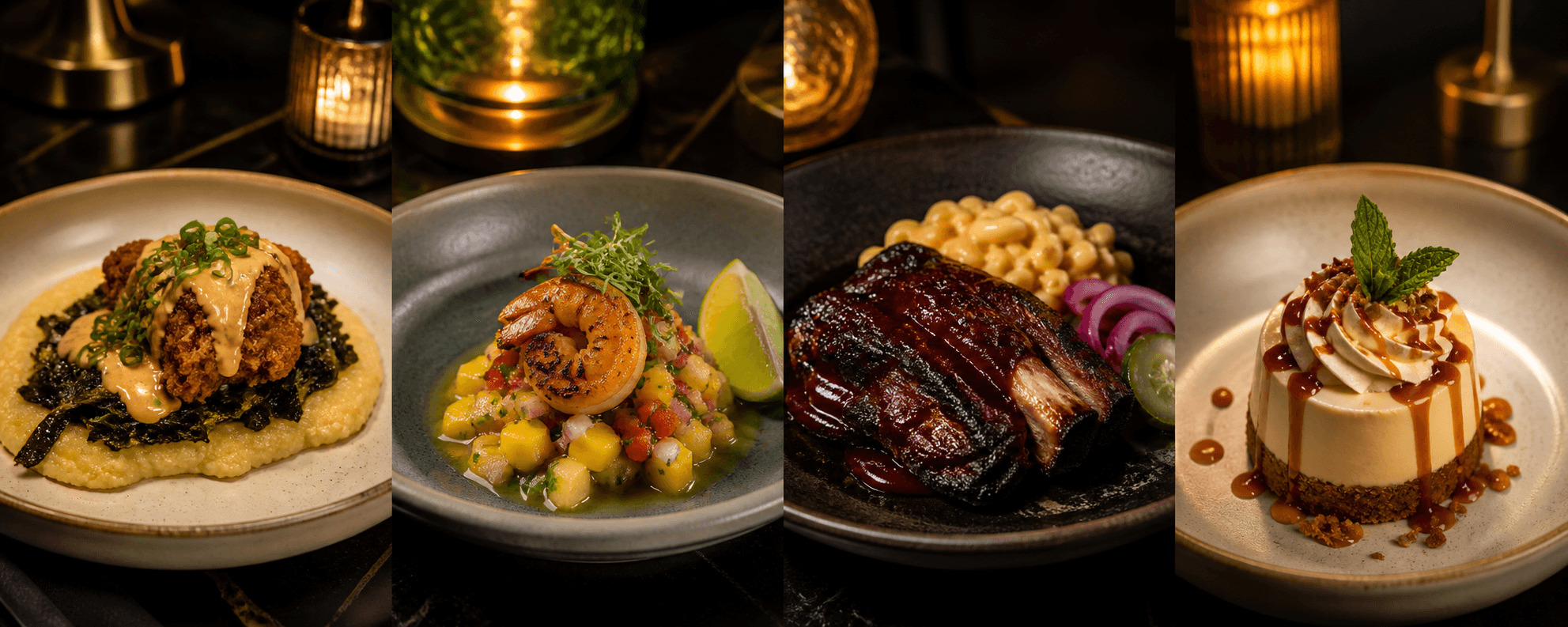 Four premium tasting plates on a dark restaurant table.