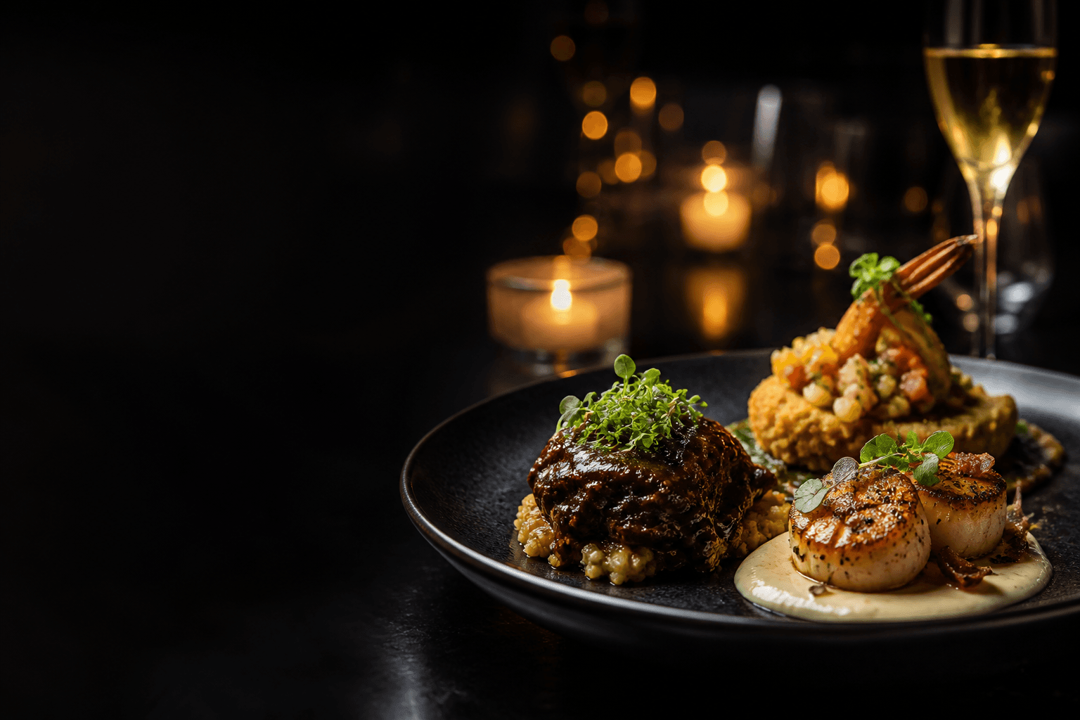 A candlelit luxury tasting plate with champagne.