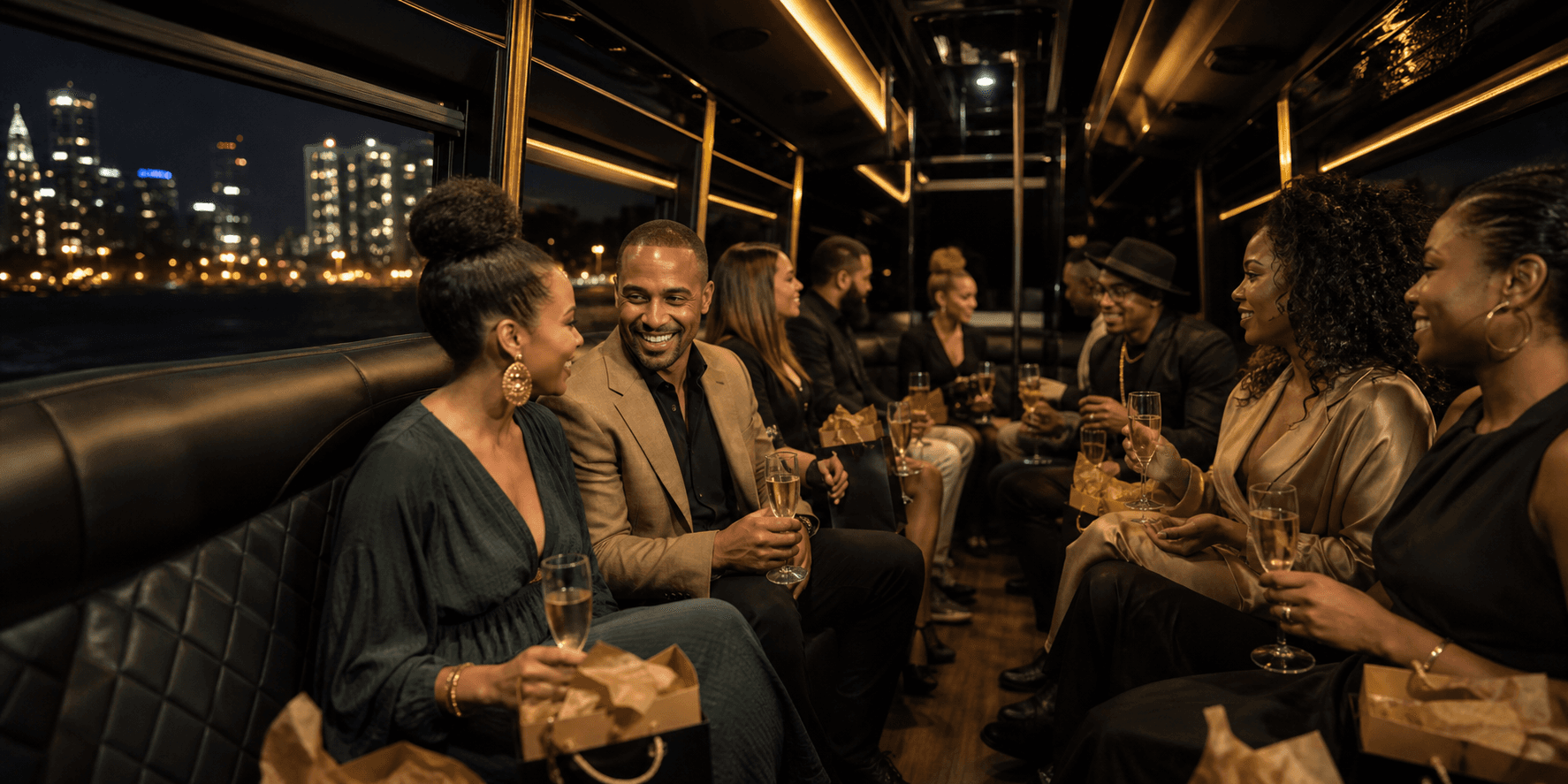 Guests enjoying champagne on a luxury party bus.